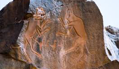 Petroglyph of a deer or pronghorn pierced by a spear